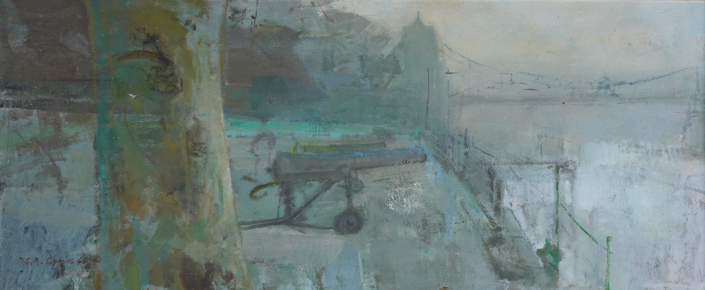 Fred Cuming RA, 1930-2022, Cannons on the Embankment, with Tower Bridge beyond